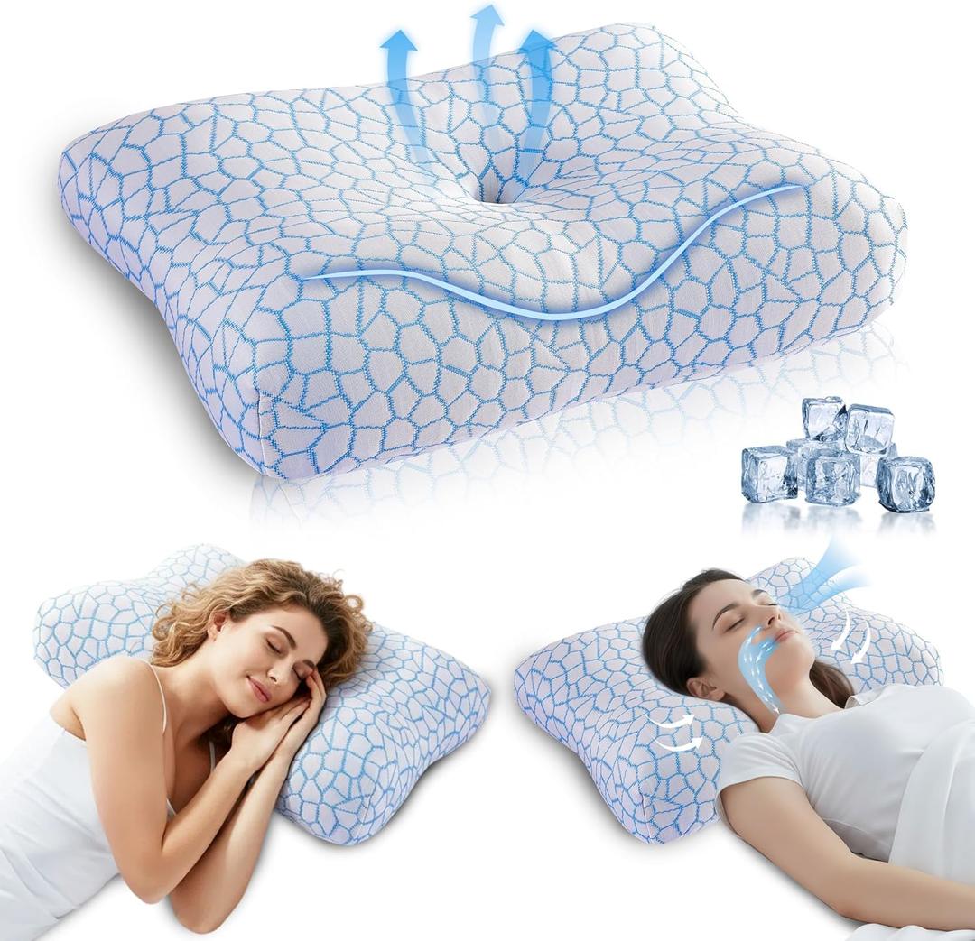 Memory Foam Side Sleeper Pillow for Neck and Shoulder Painf,Cervical Support,Queen Size Cooling Contour Pillow with Dual-Height, Orthopedic Ergonomic for Side, Back, Stomach Sleeper (Blue)