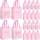 Wovnet 30 Pcs Pink Bow Gift Bags Reusable Non Woven Party Favor Bag Coquette Bow Goodie Treat Bags with Handle for Girls Wedding Bridal Shower Tea Party Birthday 10 x 8 x 4in