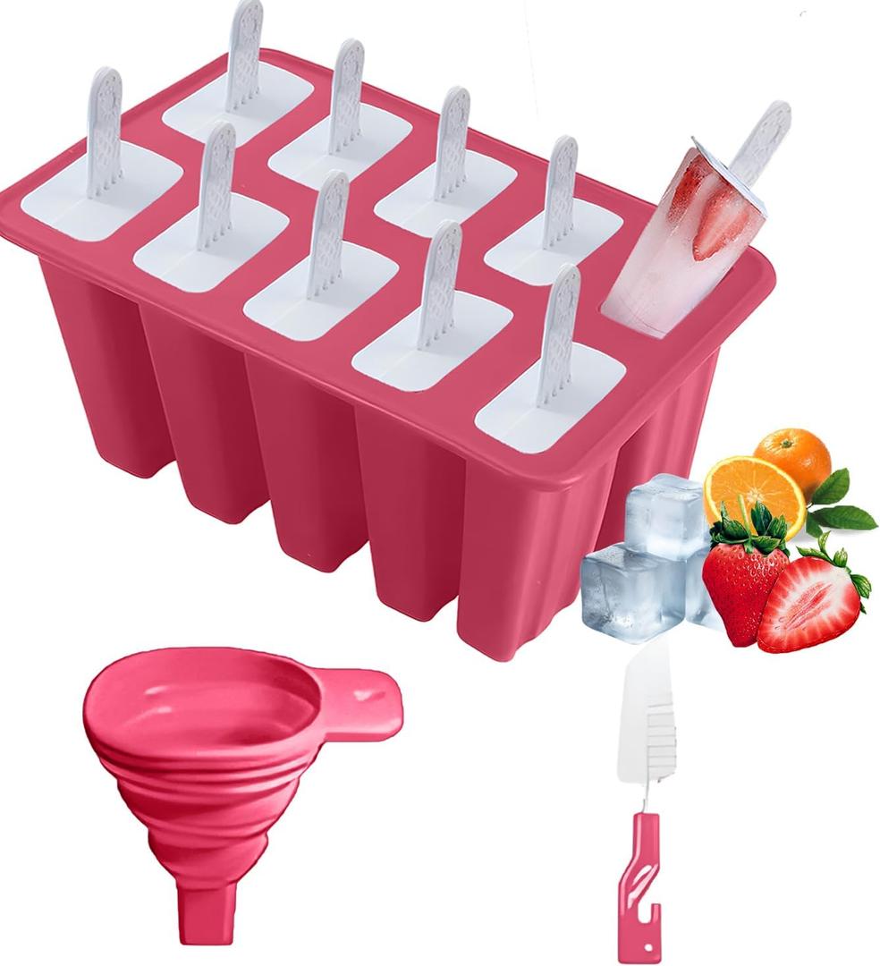 Silicone Popsicle Molds 10 Pcs Ice Pop Maker Molds with 10 Reusable Sticks, Cleaning Brush and Funnel - Homemade Easy-Release Reusable Popsicle Moulds Shapes (Red)