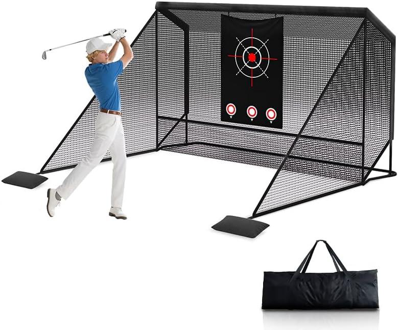 10x7ft Golf Hitting Practice Net with Dual Side Net Barriers & Durable Heavy Duty Steel Frame, Golf Nets Backyard Driving, Chipping & Swing Training for Indoor&Outdoor, 107FT