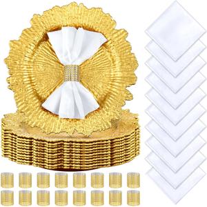Tanlade 72 Pcs Christmas Charger Plates Set Bulk 24 Pcs 13'' Floral Reef Plates, Napkin Rings and Cloth Napkins Plastic Dinner Chargers Set for Table Setting Wedding Party(Gold, White)