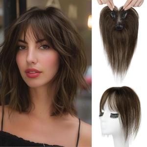REECHO Hair Toppers for Women Real Human Hair, Seamless Human Hair Toppers with Bangs, 360 3D Cover Clip in Bangs Hair Extensions for Daily Wear, Chocolate Brown