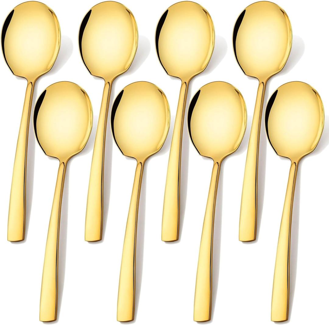 Stainless Steel Serving Spoons Large 9.2-Inch Gold Serving Spoon 8-Piece Big Serving Utensil Set for Buffet, Parties, Catering - Dishwasher Safe(8-Pieces, Gold)