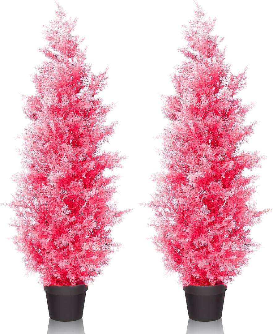 Artificial Cedar Tree 2Pack 4ft Outdoor Artificial Topiary Cedar Plants Fake Tree UV Rated Potted Plants for Porch Decor Faux Pine Tree for Perfect Housewarming Gift, Pink