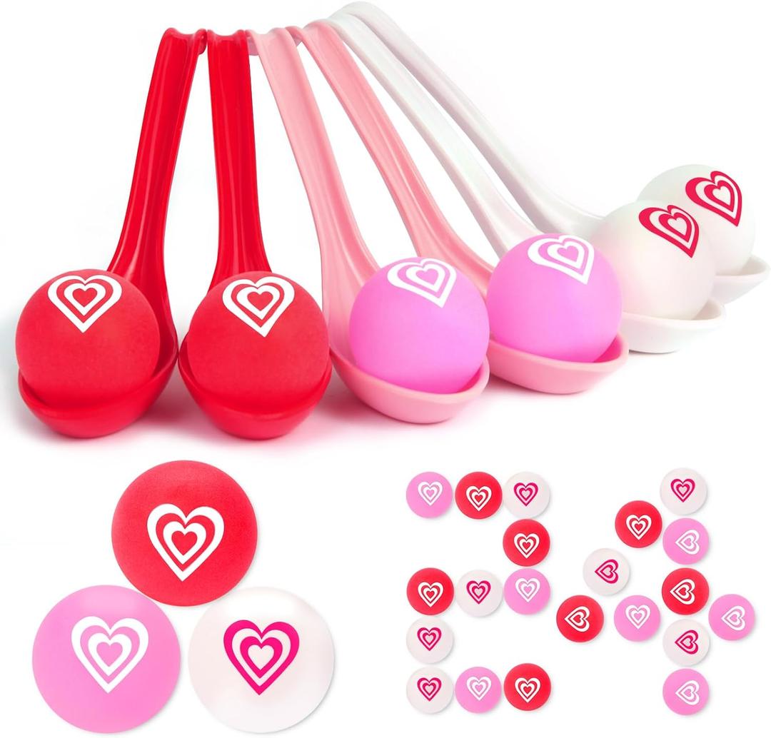 24 Pack Valentine Spoon Relay Race Toy Set , Valentine Heart Ball and Spoon Race Game for Valentine's Day Indoor Outdoor Party Supplies Favors