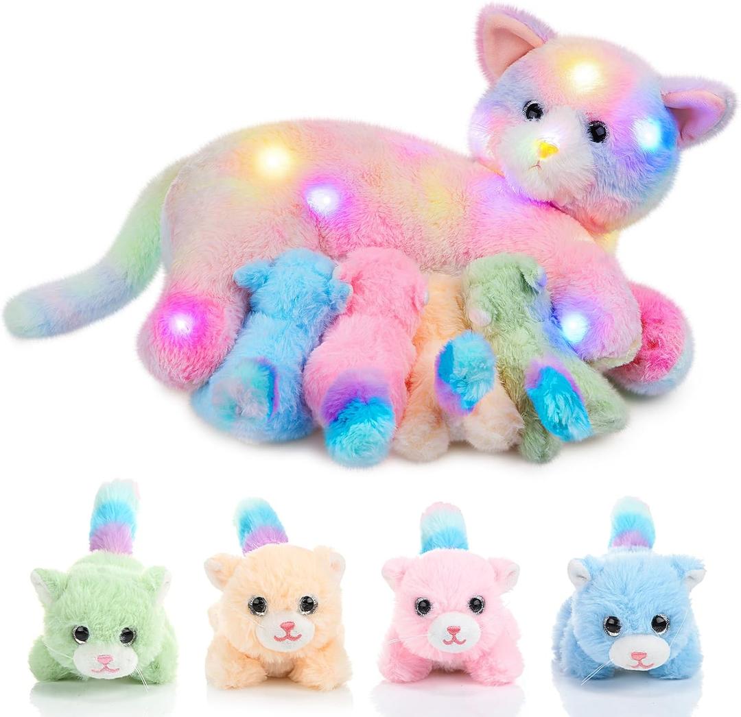 Skylety Nurturing Cat Stuffed Animal with 4 Plush Kittens, Cat Baby Stuffed for Girls Boys Plushy Mommy Kitty with Baby Kittens for Christmas Birthday Party Favors Gifts(LED Style)
