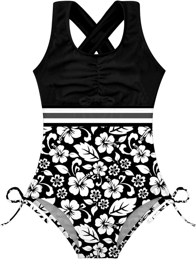 BFUSTYLE Girls One Piece Swimsuit Cute Striped Bathing Suit Hawaii Swimwear 6-17 Years