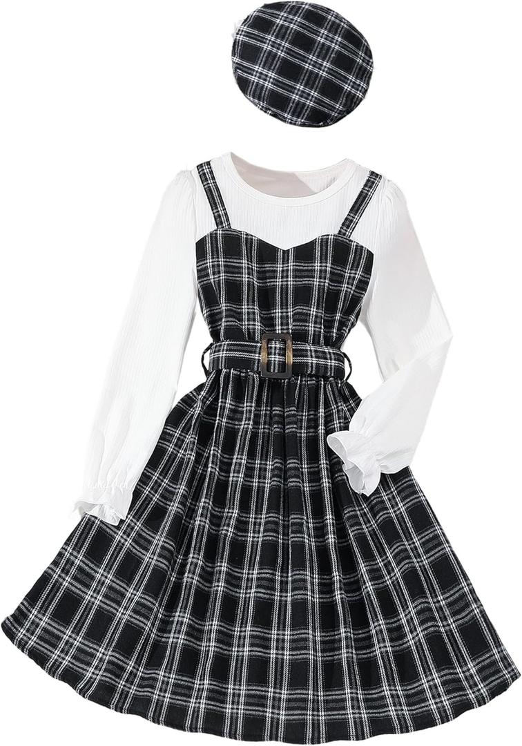 Hilinker Girls Plaid Ruffle Long Sleeve Dress Ribbed Belted Pleated Dresses with Hat, 11-12Y
