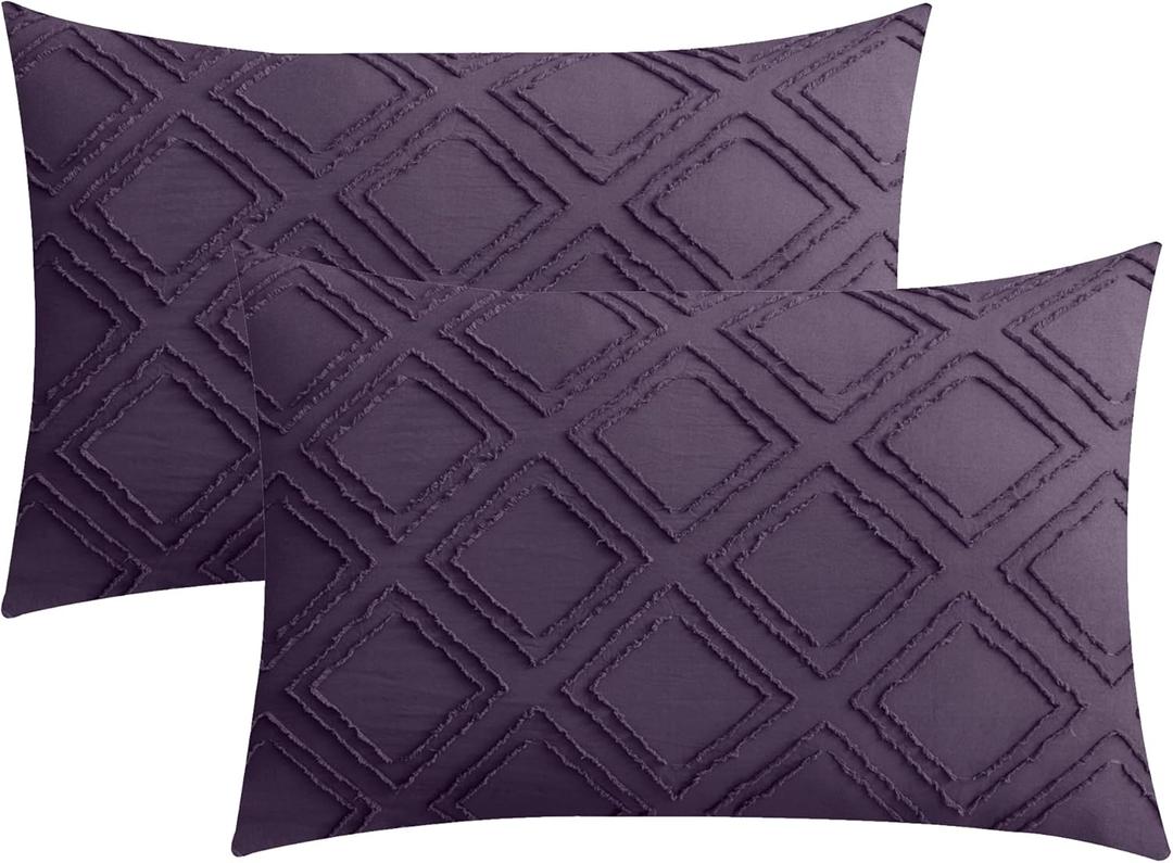 JELLYMONI Pillowcases Standard Size Purple 2 Pack Boho Plaid Bed Pillow Covers 20x26in Microfiber Envelope Pillow Shams Tufted Bohemian Textured (Pillows are not Included) (08 - Purple - Grid)