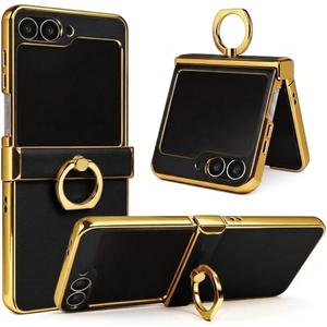 Genuine Leather Case for Samsung Galaxy Z Flip, Military-Grade Drop Protection, Hinge Protection Cover with Ring Kickstand, Gold Trim (Black, Z Flip5)