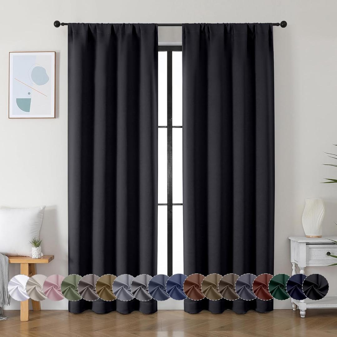 Simplebrand Ava Halloween Black Blackout Curtains for Bedroom 84 Inch Length 2 Panels Set, Solid Thermal Insulated Privacy Living Room Window Treatment Curtains Blackout Drapes, W40 x L84 Inch, Black