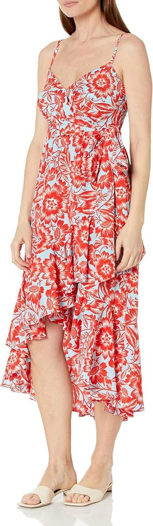 Eliza J Women's Petite Size Style Crepe De Chine Spaghetti Strap Printed Floral Dress, Aqua, Size 8
