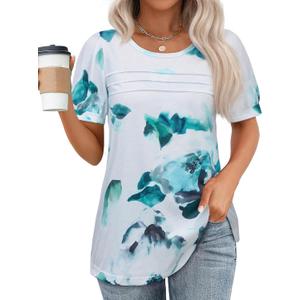 Womens Summer Short Sleeve Tops Pleated Shirts Crewneck Outfit Puff Sleeve Blouses Casual Tunic Blue Flower (Blue, XL)