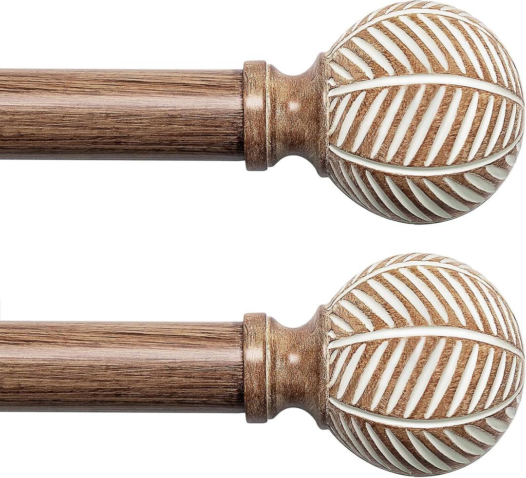Wood Curtain Rods for Windows: 1 Inch Diameter Adjustable Drapery Rods 48" to 86", 2 Pack Heavy Duty Window Rod with Imitation Wood Grain Leaf Pattern Finials (48"-86"|2 PACK, Brown)