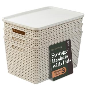 BINO | Plastic Storage Baskets with Lids, 22 Liter - 3 Pack, Natural | THE WOVEN COLLECTION | Storage Basket for Shelves | Woven Storage Baskets for Organizing Bins | Pantry Shelf Organizer Bin