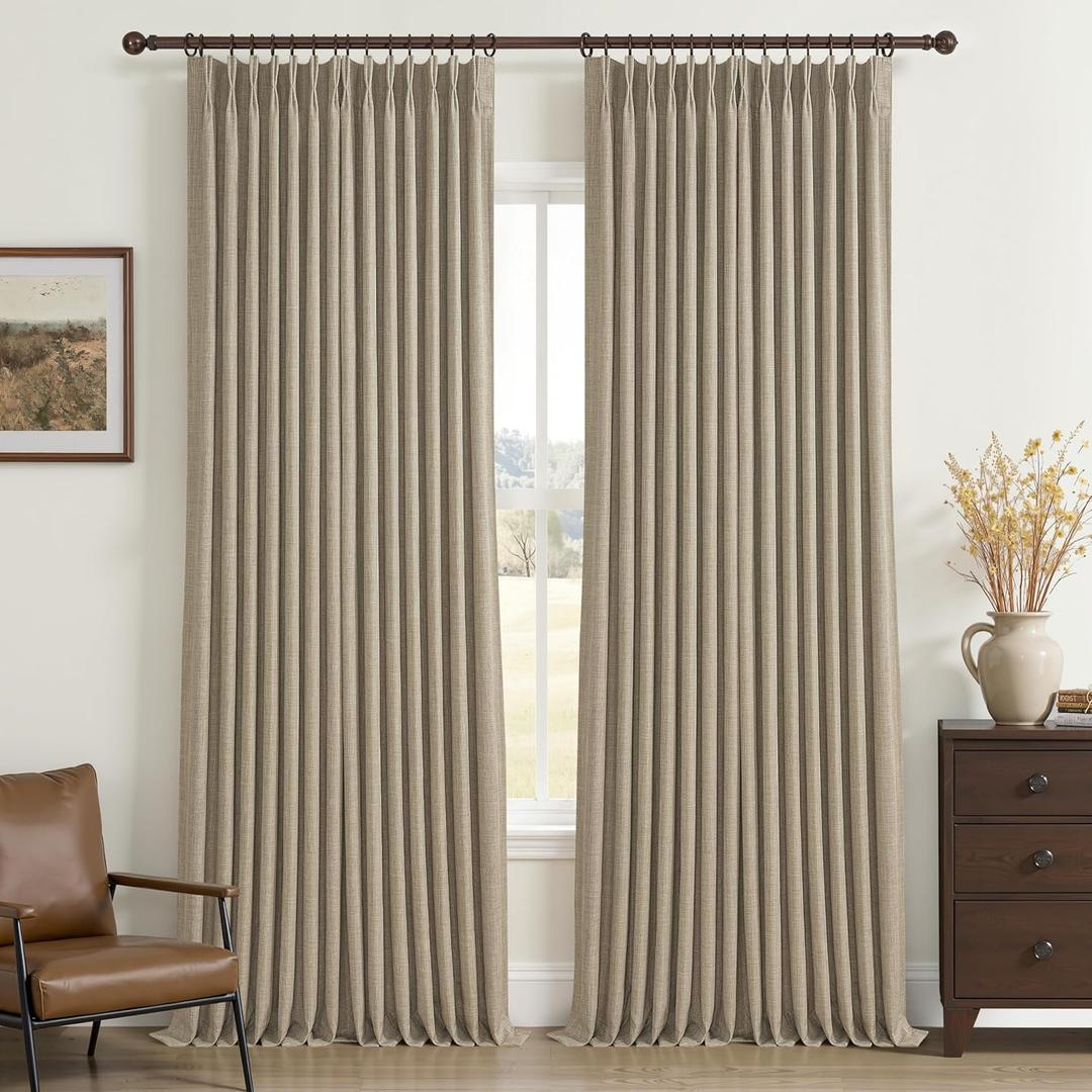 Greyish Beige Double Layer Linen Blackout Curtains 96 Inches Long for Bedroom, Memory Trained Pinch Pleated Insulated Rustic Windows Curtain Room Darkening 40x96 Inch Length Oak Taupe Drapes 2 Panels