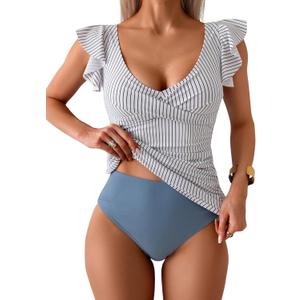 Aidonger Tankini Swimsuit for Women Tummy Control Two Piece Bathing Suit Ruched Ruffle Swimwear Top with Bottom (XX-Large, Blue Stripe)