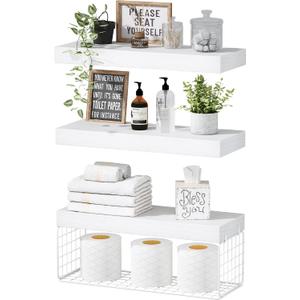 QEEIG Bathroom Shelves Over Toilet - Wall Mounted Floating Shelves Toilet Paper Storage Small Farmhouse Decor Shelf 16 inch Set of 3, White (019-W3), 3pcs