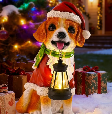 Christmas Dog Garden Statue with Solar Lantern – Santa Dog Figurine in Red Coat & Hat, Outdoor Christmas Yard & Porch Decorations, Balcony & Lawn Decor, for Dog Lovers