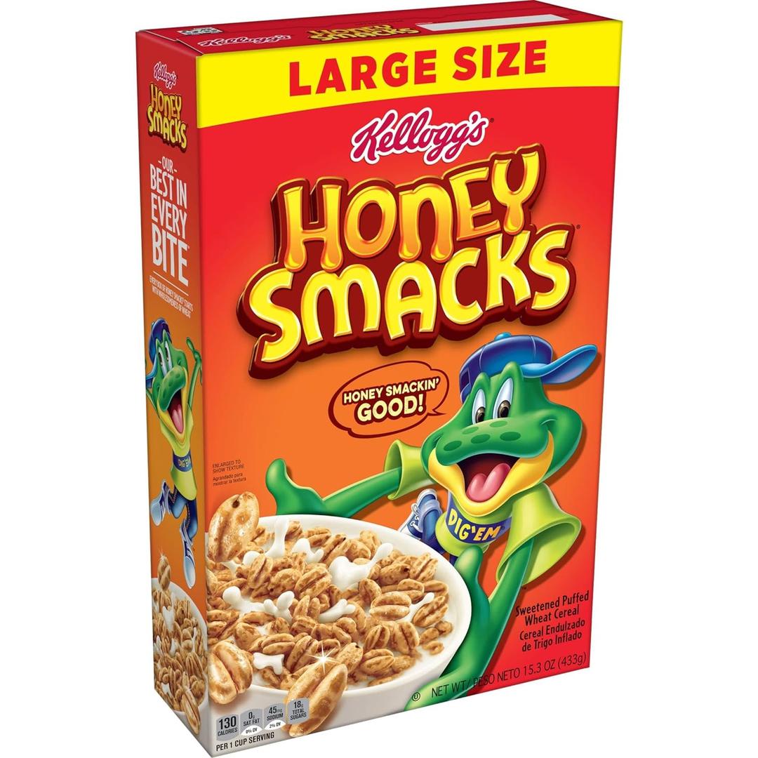 Kellogg's Honey Smacks Breakfast Cereal, Made with Whole Grain, Kids Snacks, Large Size, Original, 15.3oz Box (1 Box), Best By: April 23, 2026