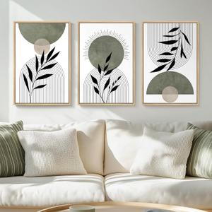 Framed Boho Sage Green Wall Art for Living Room, 3 Piece Large Abstract Botanical Canvas Artwork Decor, Beige White Sun Moon Geometric Leaf Painting Prints for Bedroom Dining Room Office 16x24 Inch, 24" H X 16" W X 3pcs