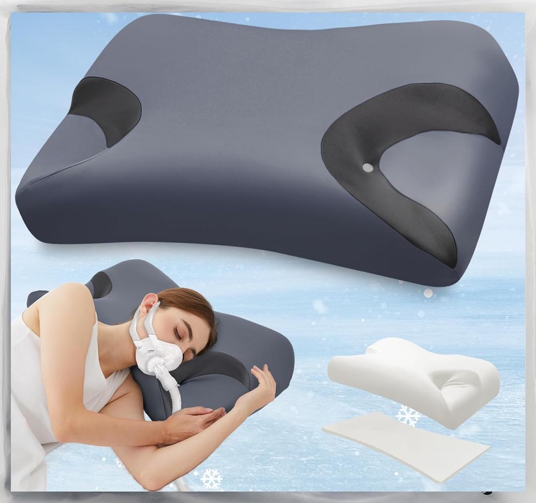 Adjustable CPAP Pillow for Side & Back Sleepers  Reduce Mask Air Leaks & Pressure, Cervical Memory Foam Neck Support with 2cm Removable Insert, Cooling Washable Cover  Fits Full Face & Nasal Masks (Large-25.2"L*14.9"W*(5.5"/4.7")H, Dark Gray)