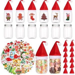 CIEOVO 12 Set Christmas Party Plastic Mason Jars Mini Santa Hat and Christmas Theme Vinyl Waterproof Stickerss 12 oz Clear Plastic Jars with Lids for Xmas Party Home Candies Cookies Storage Crafts