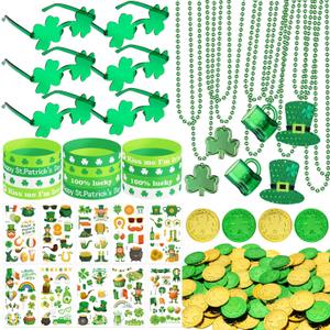 2 x 163Pcs St. Patrick's Day Accessories Party Favor Set, Tattoo Stickers, Necklaces, Bracelets, Shamrock Glasses, lucky Coins for Irish Party Supplies
