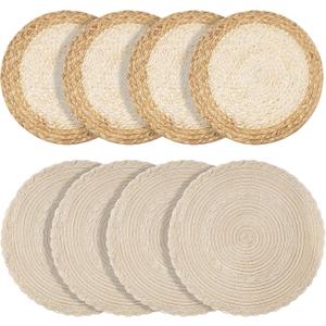 Handmade Round Boho Placemats Set of 4 | Natural Woven & Polyester Braided Combo Table Mats | 8-Piece Versatile Place Mats | Simple Rustic Farmhouse Style Dining Table Decor