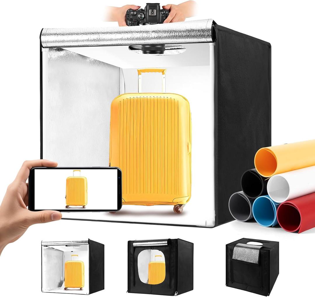 Photo Light Box, Portable 24 Inch Photo Studio Light Box, Shooting Tent Kit with 297 Light Beads and 6 Color Backdrops.Lightbox with 3 Stepless Dimming Light Boards for Studio Photography