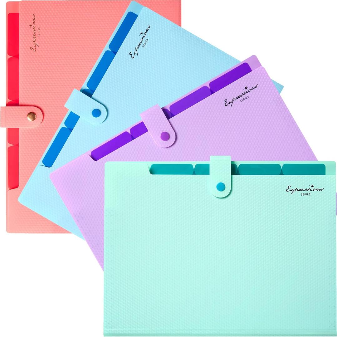 Sooez 4 Pack Accordion File Folder, Cute 5 Pocket Folder, Portable Expanding Filer Folder with Labels, Folders for Documents, Premium Expandable Folder Organizer, Aesthetic Folders for School Office (Green, Blue, Pink, Purple)