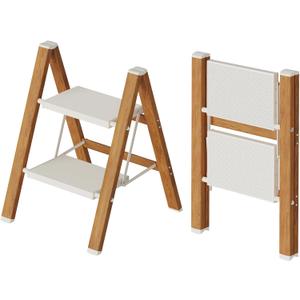 Mayi Plus 2-Step Aluminum Ladder,Lightweight Folding Step Stool with Extra-Wide Anti-Slip Steps,330 lbs Capacity,Compact Space-Saving Design for Home,Kitchen and OfficeWhite&Woodgrain