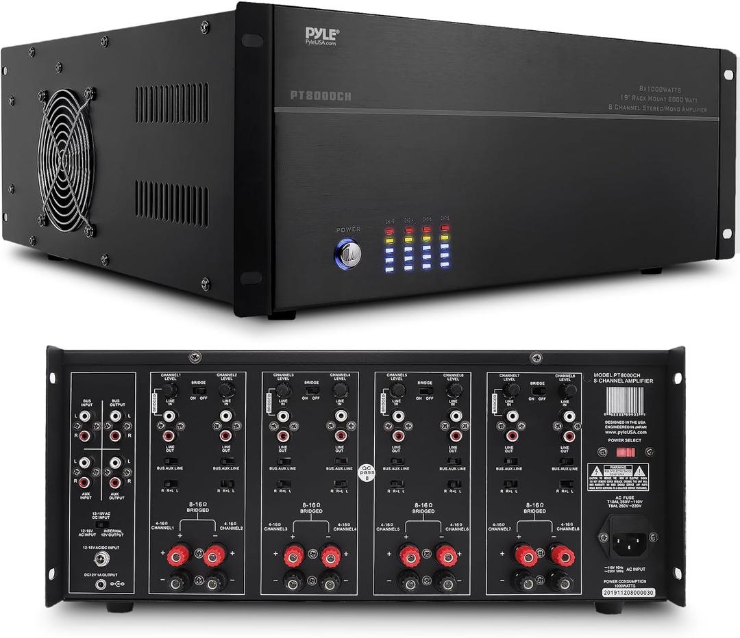 Pyle 4 Multi-Zone Stereo Amplifier - 19 Rack Mount, Powerful 8000 Watts with Speaker Selector Volume Control & LED Audio Level Display, 4-Ch. Bridgeable Switches - PT8000CH