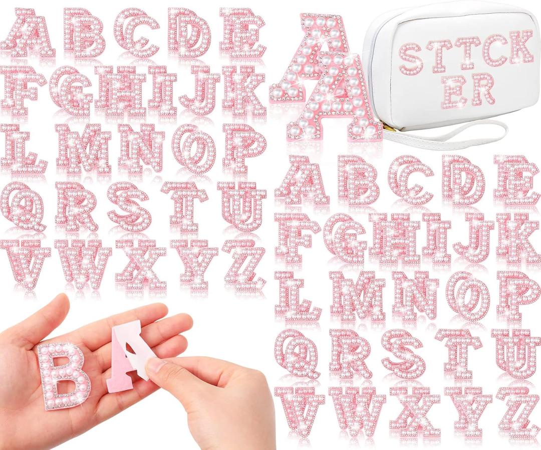 Yungyan 104 Pcs Pearl Letter Patches Self Adhesive 4 Sets A-z Pearl English Rhinestone Alphabet Bling Glitter Sticker for DIY Clothes Bags Hats Phone Backpacks (Pink)