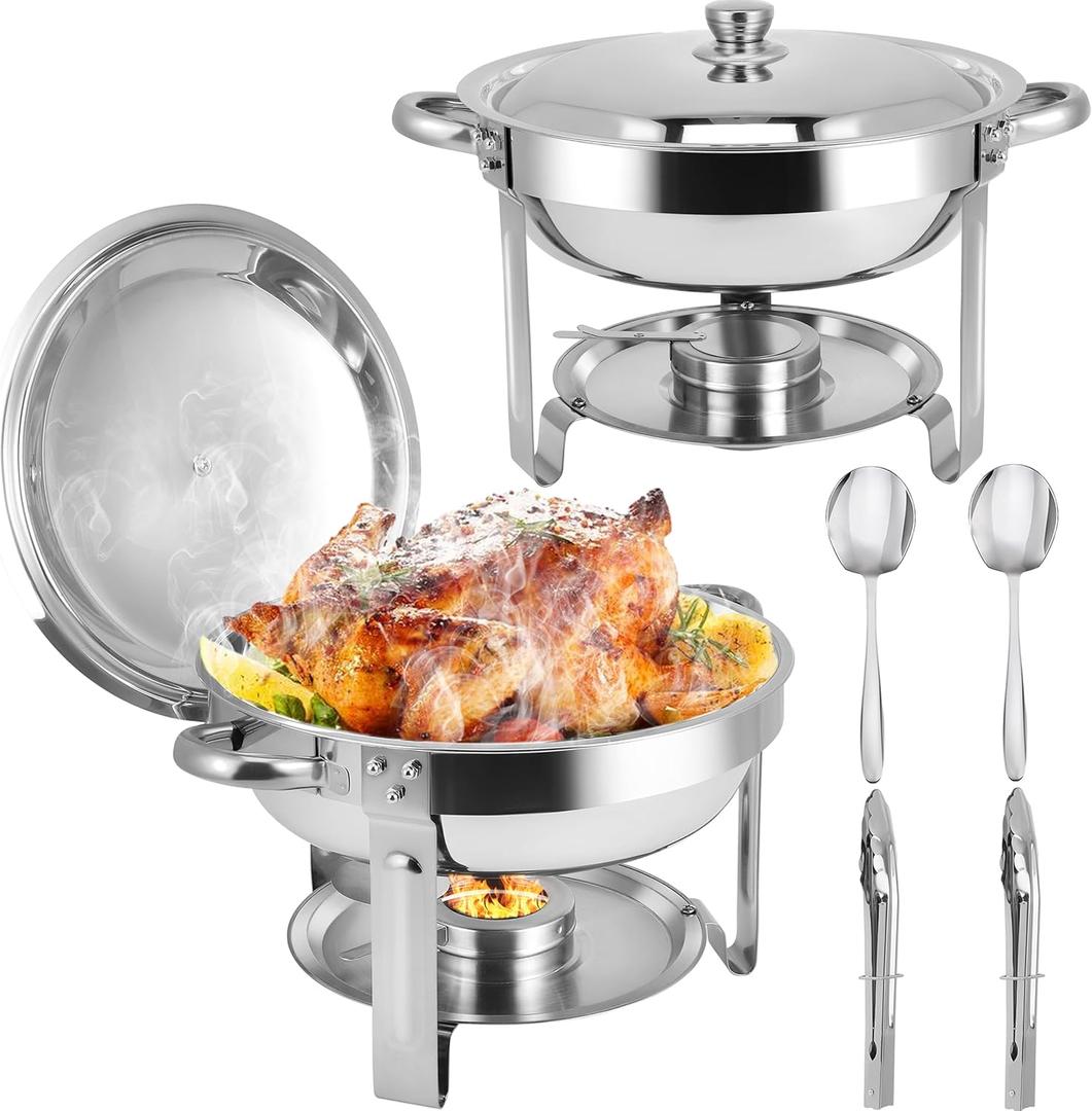 Chafing Dishes for Buffet, 2 Pack 6QT Round Stainless Steel Chafing Dish Buffet Set with Lids, Chafers and Buffet Warmers Sets for Home Parties, Christmas Gatherings, Catering Events