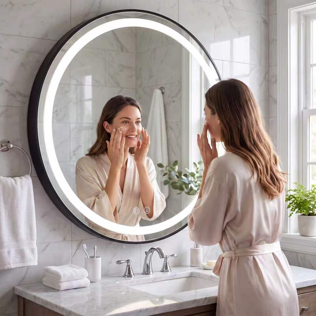 20 Inch Round LED Medicine Cabinet with Mirror and Defogger, Black Wall Mounted Bathroom Mirror Cabinet with Storage Shelves and Touch Control, 24*30inch