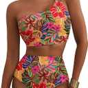 Herseas Women's High Waisted Bikini Sets One Shoulder Floral Print Swimsuits 2 Piece Tummy Control Bathing Suits (Large, Tropical Animal Print)