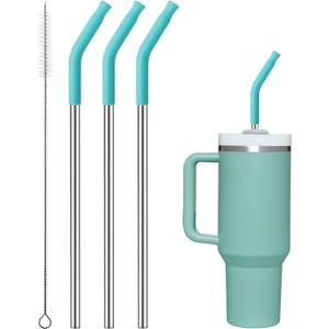Reusable Metal Straws with Silicone Tip for Stanley 40oz,Stainless Steel Drinking Straws for 40oz Tumbler,3 Straight Tubes & 6 Tips& 1 Cleanr Brush(Jade) (Light Green)