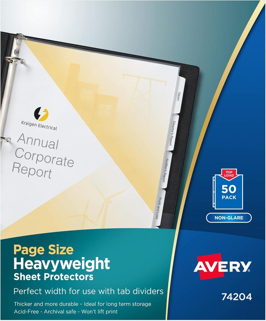 Avery Non-Glare Page-Size Sheet Protectors, Pre-Punched for Use with Tab Dividers, Top Load, 50 Document Protectors (74204) (Clear)