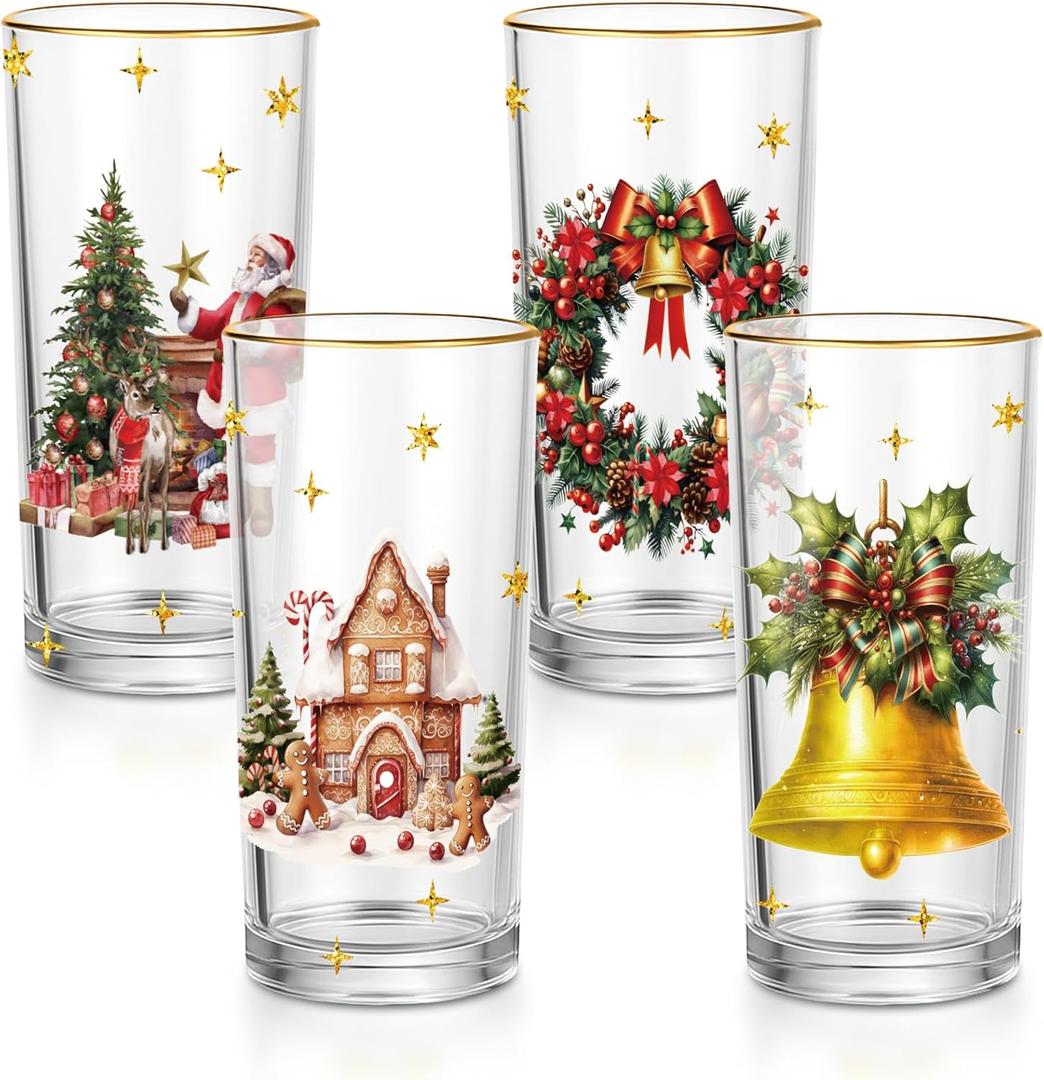 4 Pcs Christmas Highball Glasses 15oz Classic Gold-rimmed Whimsical Holiday Glasses Christmas Dinnerware for Beverage Sparkling Wine and Champagne Ideal for Holiday Hosting Celebrations