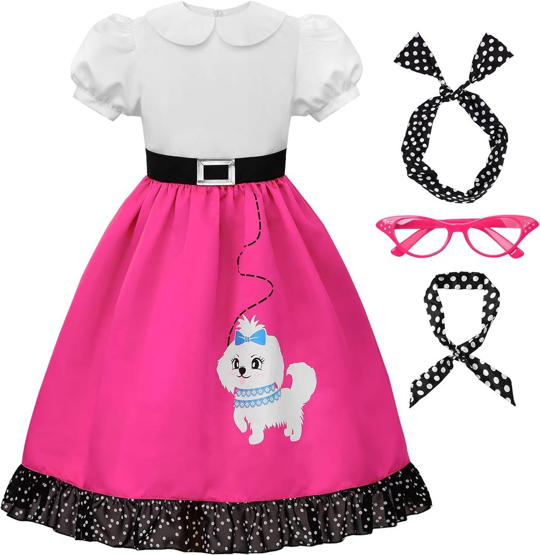 ReliBeauty 50s Costume for Girls Poodle Dress 100 Days of School Costume for Kids, 120