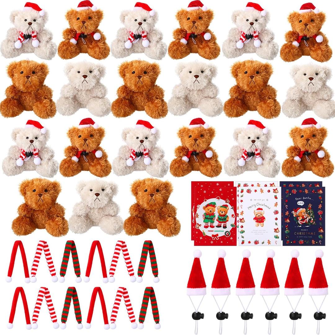 Foilswirl 24 Sets Christmas Mini Plush Bear 4 Inch Stuffed Animal Bulk Small Soft Bear Toys with Santa Hat Scarf Cards Gift Bags for Xmas Gifts Party Favors Holiday Stocking Stuffers Decoration
