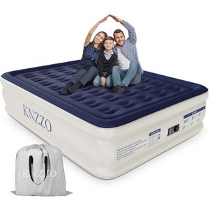 KNZZO Air Mattress Queen with Built-in Pump, Blow Up Mattress with Soft Flocked Top, Leakproof Inflatable Mattress, Foldable Waterproof Air Bed for Home, Guests, Camping, with Storage Bag (Deep Blue)