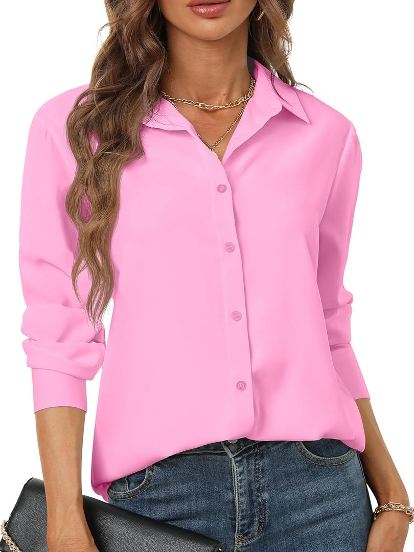 Hearain Women's Button Down Shirts Long Sleeve Basic Classic Soft Shirt Collared Fashion Dressy Casual Blouses (Pink, L)