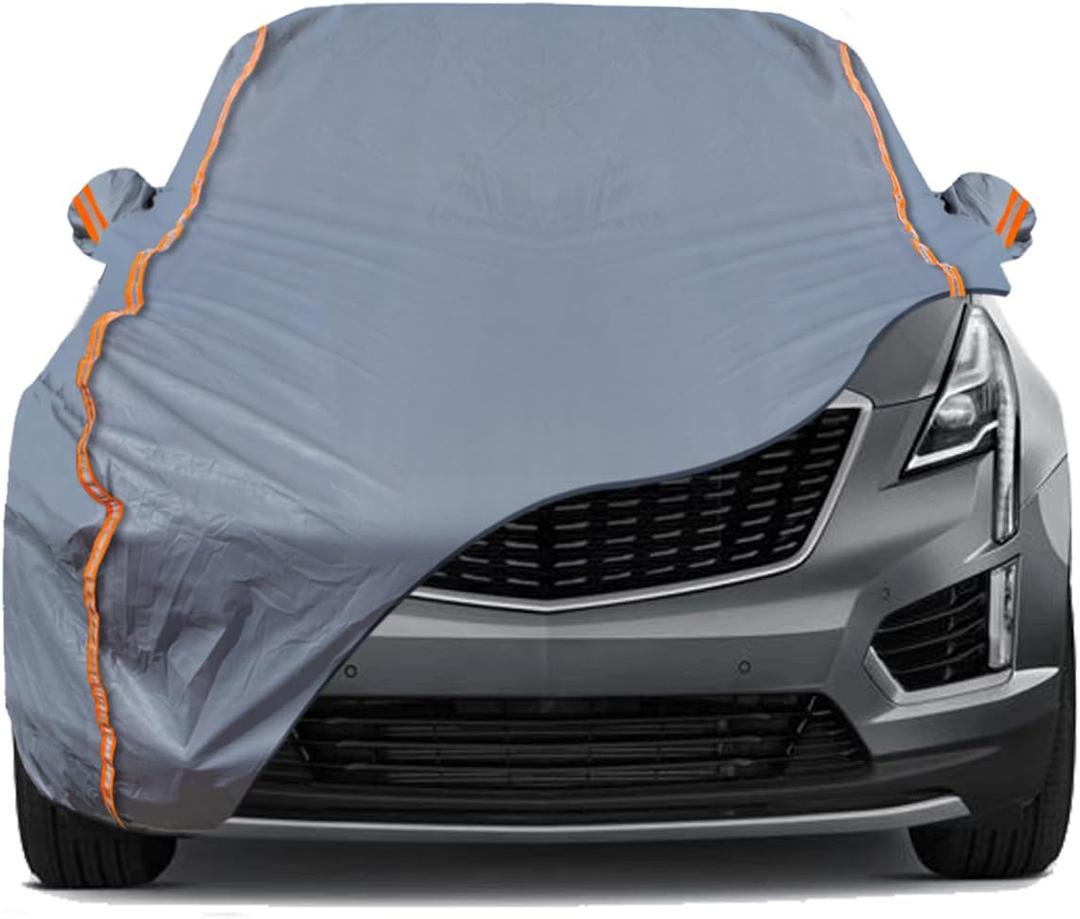 TUCAREST 6-Layers PEVA Premium Full Car Cover Fit for SUVs MPV Pickup Sedan hatchback Rain and snow protection, sun protection, UV protection, and protection of car paint surfaces-Silver Grey -Up 199" (Surrounding reflective strip)
