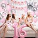 Sweet 16th Birthday Decorations Pink, Happy Birthday Decorations for Girls Pink Silver Balloons Number 16 Balloons,Fringe Curtain, Crown Balloon, Star Balloon for Her Girl 16th Birthday Princess Party