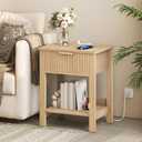 HOOBRO Fluted Nightstand with Charging Station, Modern Wooden Night Stand, 17.7"L x 15.7"W x 23.6"H