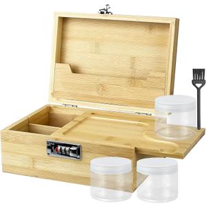 Large Bamboo Stash Box with Combination Lock 3 Jars,Decorative Box for Home Gifts Locking Storage (Bamboo)