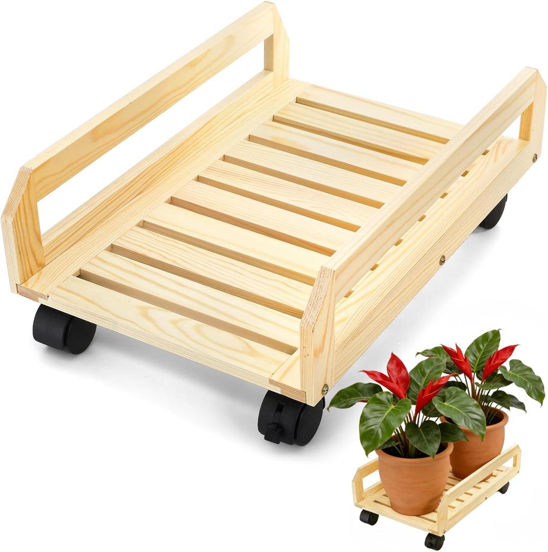 Wood Plant Caddy, Heavy Duty Plant Stand with Lockable Wheels, Rectangular Pot Dolly Flower Mover for Indoor Outdoor, Holds up to 150 Lbs