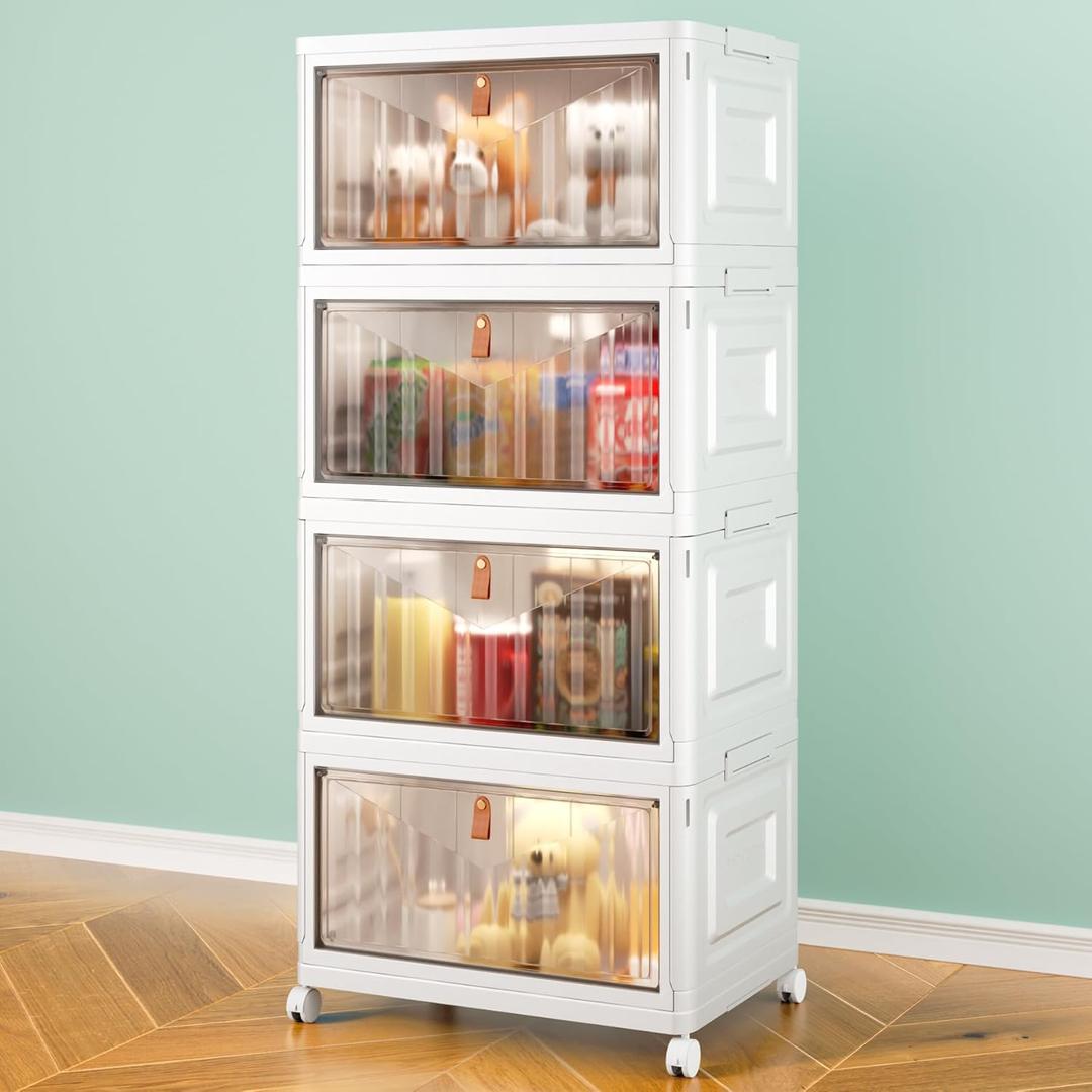 4 Tier Storage Bins with Lids, 23QT Stackable Closet Organizers and Storage with Wheels, Collapsible Storage Boxes, Foldable Plastic Storage Containers for Home, Office, Dorm Room-White